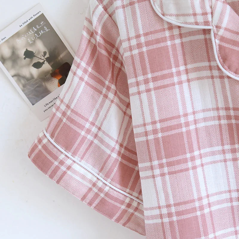 2025 New Summer Women's Pajama Set 100% Cotton Gauze Thin Short Sleeve+Shorts+Pants Simple Checkered Home Furnishing Set