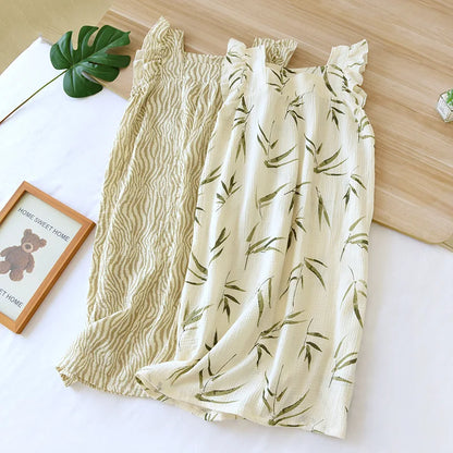 2025 Summer New Women's Sleeping Skirt 100% Cotton Crepe Sling Skirt Soft and Comfortable Sleeveless Tank Top Home Dress Ladies