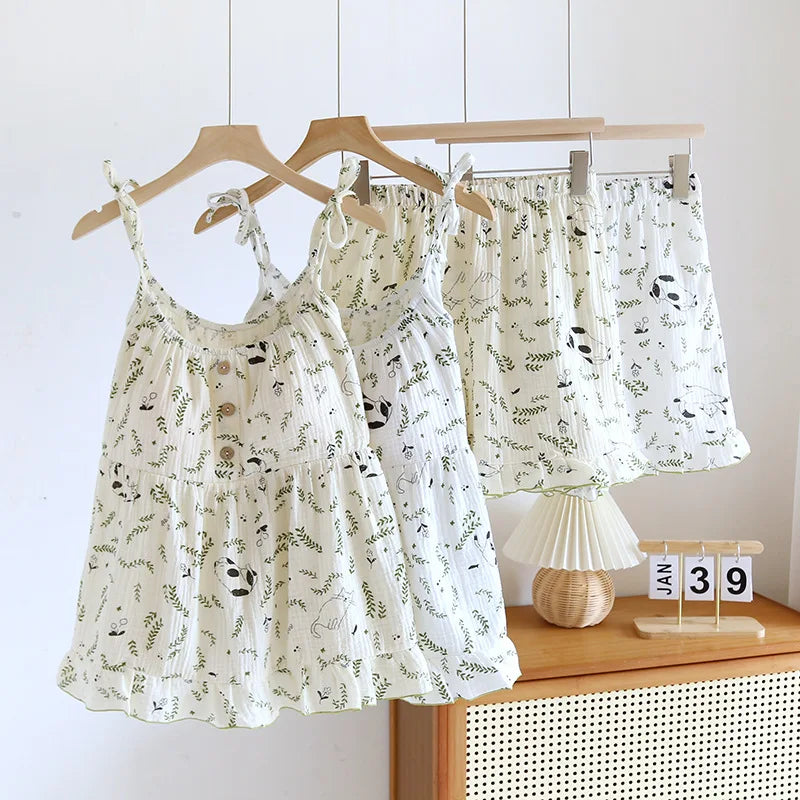 2025 New Summer Women's Pajamas Two Piece Set 100% Cotton Crepe Cloth with Chest Cushion Suspender+Shorts Set Cute Home Fury