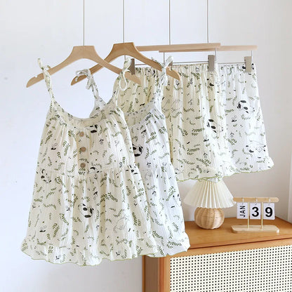 2025 New Summer Women's Pajamas Two Piece Set 100% Cotton Crepe Cloth with Chest Cushion Suspender+Shorts Set Cute Home Fury
