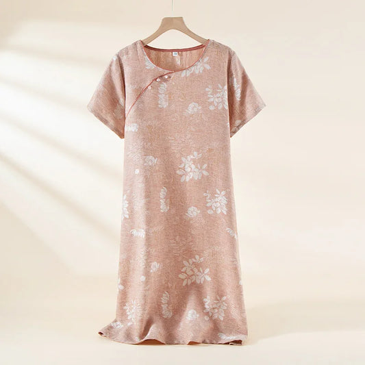 2025 New Summer Women's Sleeping Skirt 100%Cotton Double layer Gauze Jacquard National Style Long Skirt Large Short Sleeve Dress