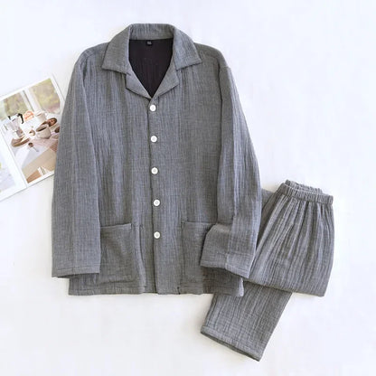 2025 New Couple's Pajama Set 100% Cotton Men's and Women's Collar Long Sleeve Long Pants Solid Color Two Piece Home Set Pijamas