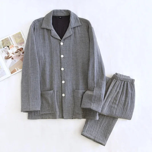 2025 New Couple's Pajama Set 100% Cotton Men's and Women's Collar Long Sleeve Long Pants Solid Color Two Piece Home Set Pijamas