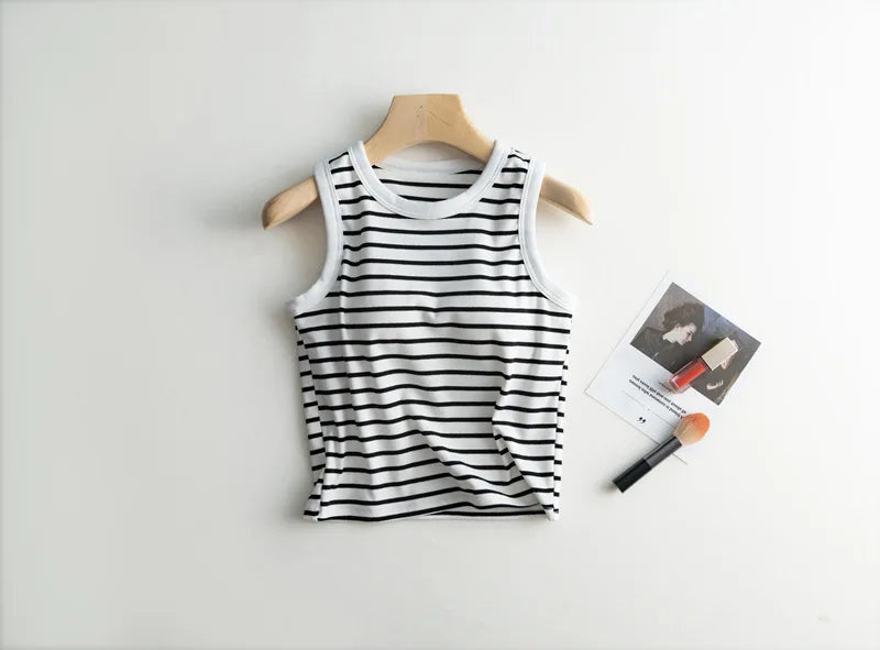 2025 Summer New Women's Tank Top Pajamas All Cotton with Chest Pads Tank Top with Stripe Sports Bottom Short Home Fur Ladies