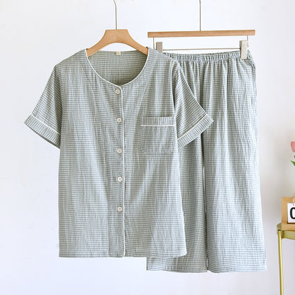 2025 Spring/Summer Couple Pajama Set 100% Cotton Gauze Short Sleeves+Capris Two Piece Men's and Women's Checkered Home Fur