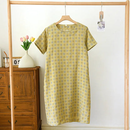 2025 New Summer Short Sleeve Sleeping Skirt 100% Cotton Yarn Weaving Jacquard Loose Pullover Mid length Plaid Skirt Home Dress