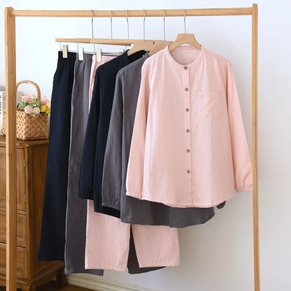 2025 New Spring/Summer Couple's Pajama Set 100% Cotton Simple Men's and Women's Long Sleeve Long Pants Two Piece Home Clothes