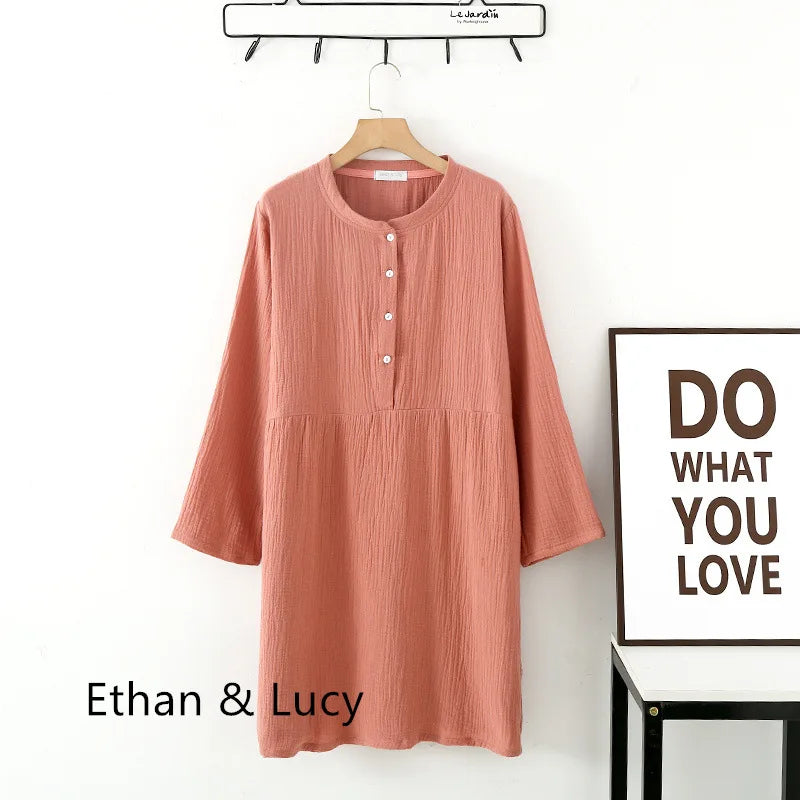 Spring and Autumn Women's Long Sleeve Nightdress 100%Cotton Crepe Round Neck Button Solid Color Dress Home Dress Nightgown Dress