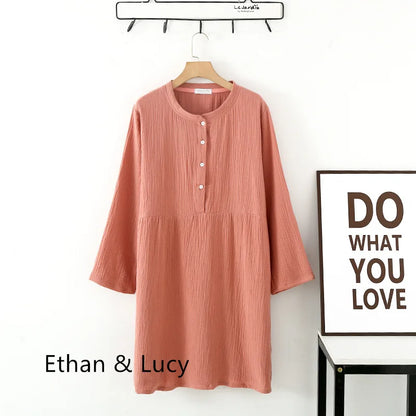 Spring and Autumn Women's Long Sleeve Nightdress 100%Cotton Crepe Round Neck Button Solid Color Dress Home Dress Nightgown Dress