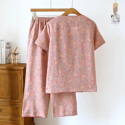 2025 Spring/Summer New Women's Pajama Set 100% Cotton Short Sleeve+Capris Two Piece Set for Large Flower Thin Home Furnishing