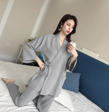Japanese kimono suit lovers 100% cotton crepe pajamas long sleeved trousers two-piece kimono suit for men and women sleepwear