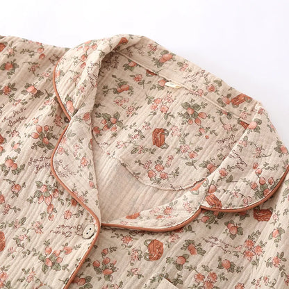2025 Spring/Summer Women's New Pajama Set 100% Cotton Crepe Short Sleeves+Pants Flip Collar Vintage Flower Simple Homewear