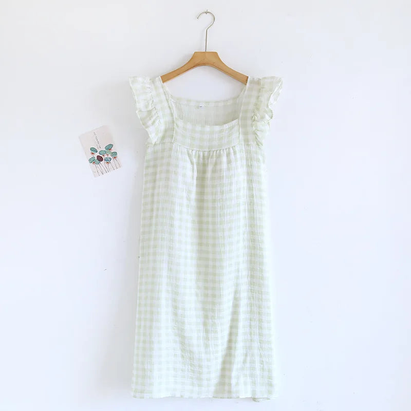 2025 Summer New Women's Sleeping Skirt Tank Top 100% Pure Cotton Large Size Loose Plaid with Chest Cushion Dress Home Fury