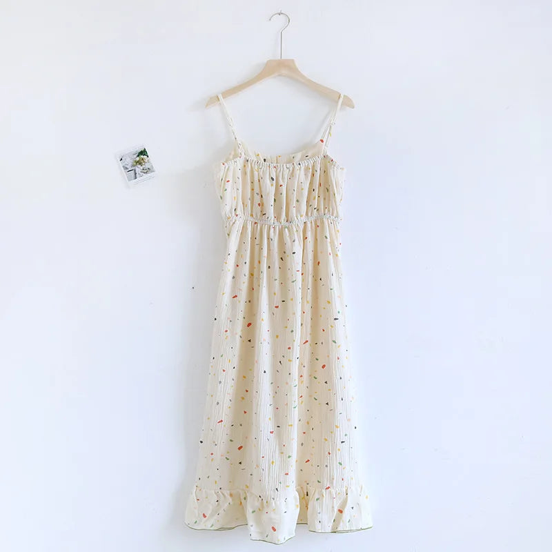 2025 New Summer Women's Sleeping Skirt 100% Cotton Crepe with Chest Cushion Suspender Dress Cute Thin Home Dress Summer Dress