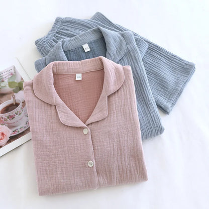 2025 New Couple's Pajama Set 100% Cotton Men's and Women's Collar Long Sleeve Long Pants Solid Color Two Piece Home Set Pijamas