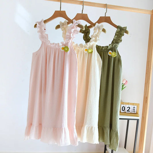 2025 summer new women's suspender nightdress 100% cotton crepe thin style solid color floral vest skirt home skirt sleepwear