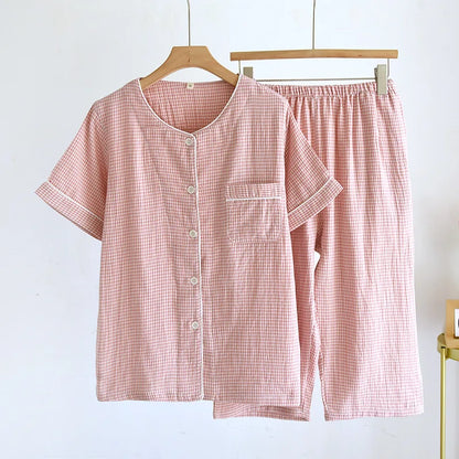 2025 Spring/Summer Couple Pajama Set 100% Cotton Gauze Short Sleeves+Capris Two Piece Men's and Women's Checkered Home Fur