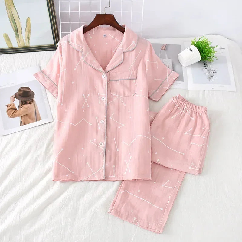 2025 Japanese style simple short women female 100% cotton gauze short sleeve trousers ladies pajamas suit cute pajamas sets home