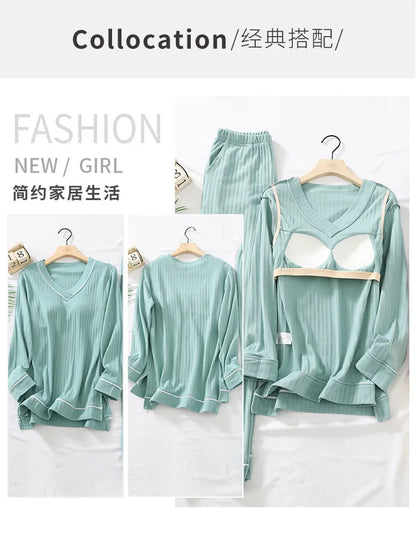 New Spring and Autumn Women's Pajamas Set V-Neck Cotton Thread Knitted Long Sleeve Pants Solid casual two-piece home clothes