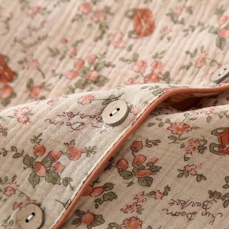 2025 Spring/Summer Women's New Pajama Set 100% Cotton Crepe Short Sleeves+Pants Flip Collar Vintage Flower Simple Homewear