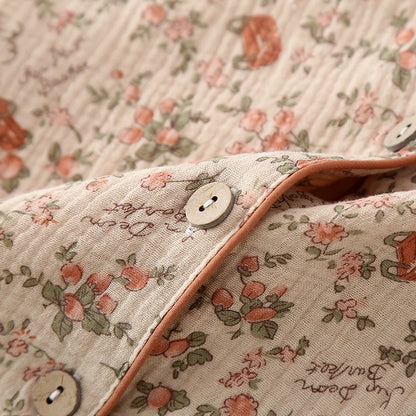 2025 Spring/Summer Women's New Pajama Set 100% Cotton Crepe Short Sleeves+Pants Flip Collar Vintage Flower Simple Homewear