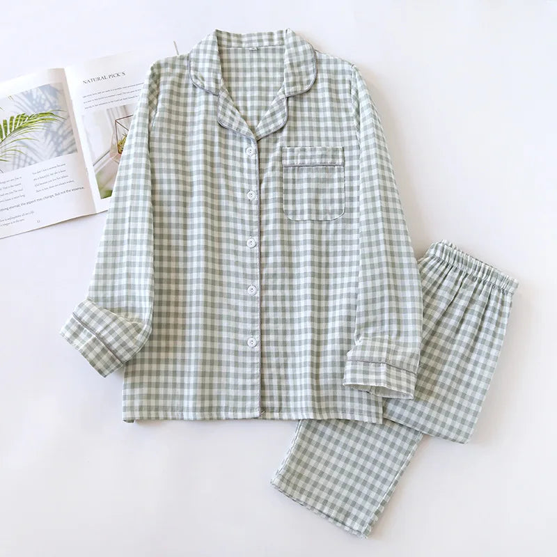 2025 Spring/Summer Couple Pajama Set 100% Cotton Double Layer Gauze Men's and Women's Japanese Plaid Set Long sleeved Home Fury
