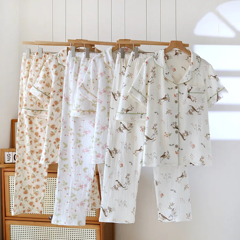 2025 New Spring/Summer Women's Pajama Set 100% Cotton Crepe Cute Thin Short Sleeve+Shorts+Pants Home Clothes 3-Piece Set