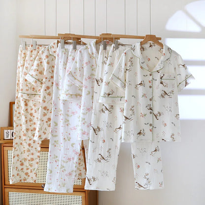 2025 New Spring/Summer Women's Pajama Set 100% Cotton Crepe Cute Thin Short Sleeve+Shorts+Pants Home Clothes 3-Piece Set