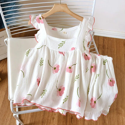 2025 Japanese summer new women's pajamas suit short-sleeved shorts two-piece 100% cotton crepe simple checked thin home clothes