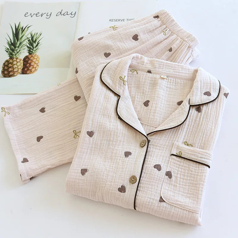 2025 New Spring/Summer Women's Pajama Set 100% Cotton Crepe Cute Love Long Sleeve Long Pants Two Piece Set Cardigan Home Clothes