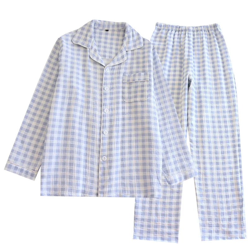 2025 New Spring Couple's Pajama Set 100% Cotton Long Sleeve Long Pants Two Piece Set Checkered Men's and Women's Home Clothes