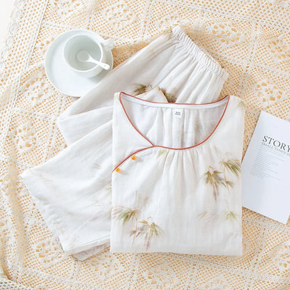 2025 New Spring/Summer Women's Pajama Set 100% Cotton Chinese Style Outable Short sleeved Pants Two piece Home Clothes