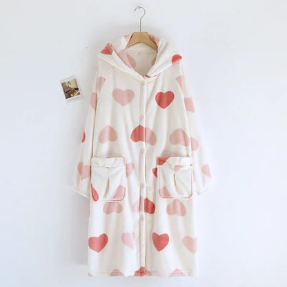 2025 Winter New Flannel Sleeping Robe Women's Bathrobe Long Thickened Velvet Cute Sweet Hooded Home Robe Sleepwear Ladies