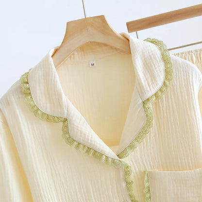 2025 Spring and Autumn New Women's Pajama Set 100%Pure Cotton Crepe Lapel Long sleeved Pants Two piece Set Fresh Loose Home Fury