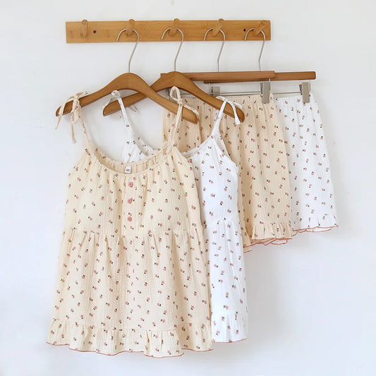 2025 Japanese Summer New Women's Pajama Set 100% Cotton Crepe Cloth Ladies Suspender+Shorts Two Piece Home Furnishing Set