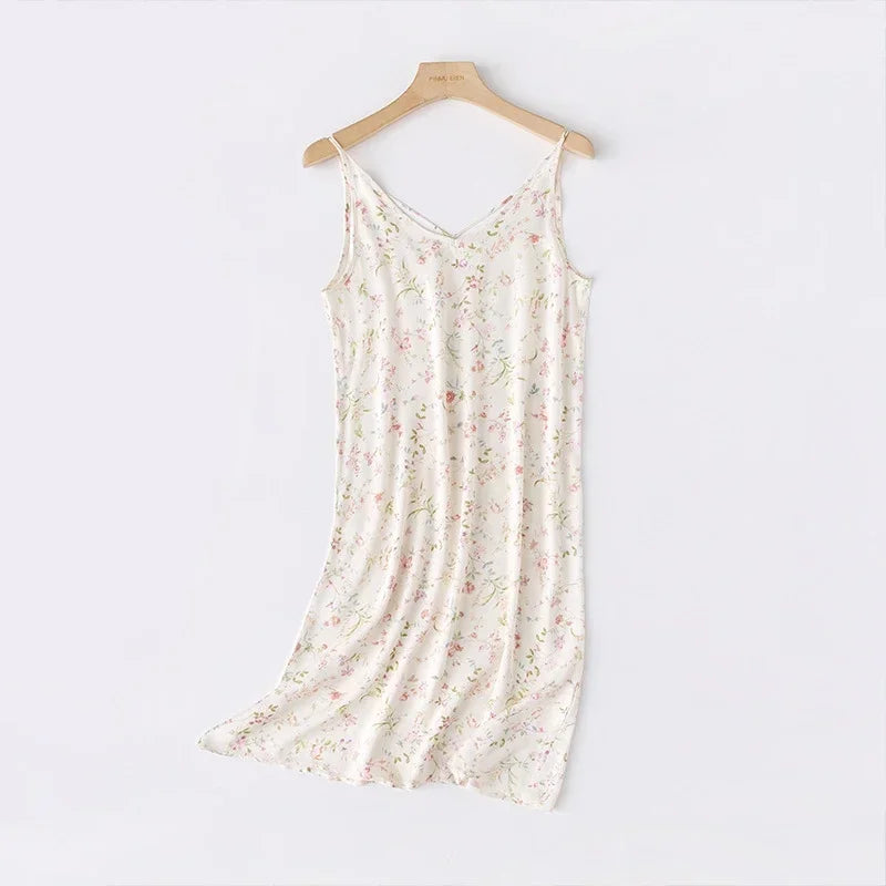 Summer new ladies sexy nightdress 100% viscose camisole skirt printed V-neck sleeveless skirt sexy dress summer plus size women