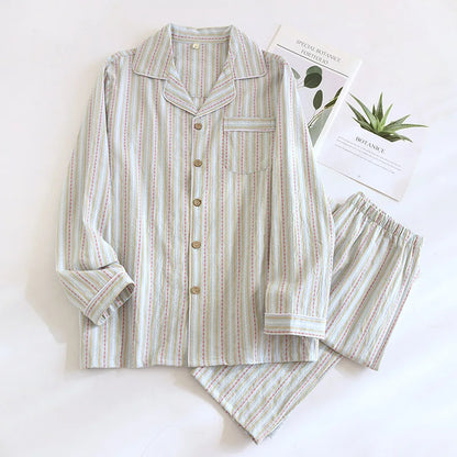 2025 New Spring/Summer Couple Set 100% Cotton Striped Long Sleeve Two Piece Set Men's and Women's Cardigan Home Clothes