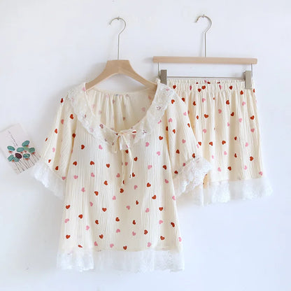 2025 New Summer Women's Pajama Set 100% Cotton Short Sleeve Shorts with Chest Pads Two Piece Loose Home Furnishings Ladies