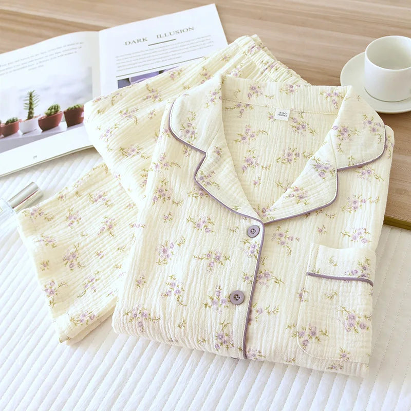 New large size pajamas women cotton crepe home service cotton long sleeve trousers suit simple and comfortable summer and autumn