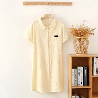 2025 New Summer Sleeping Dress 100% Cotton Crepe Short Sleeve Skirt Shirt Dress Women's Button Long Dress Home Casual Dress