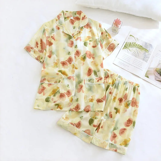 2025 New Summer Women's Pajama Set, Viscous Fiber Short Sleeve Shorts, Two Piece Set, Thin Large Flower Home Fury