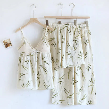 2025 Summer New Women's Pajama Set 100% Pure Cotton Crepe Sling+Shorts+Crop Pants Three piece Set with Chest Cushion Home Fury