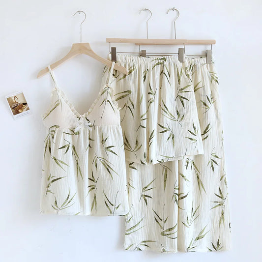 2025 Summer New Women's Pajama Set 100% Pure Cotton Crepe Sling+Shorts+Crop Pants Three piece Set with Chest Cushion Home Fury