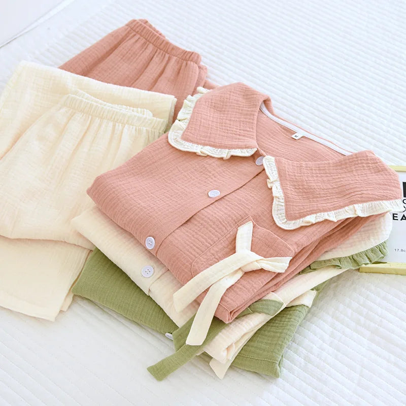 2025 new women's pajama suit 100% cotton crepe sweet lovely long-sleeved trousers two-piece home wear thin sleepwear women