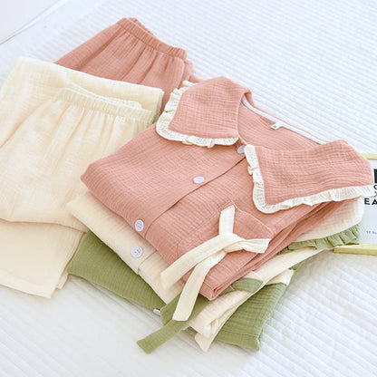 2025 new women's pajama suit 100% cotton crepe sweet lovely long-sleeved trousers two-piece home wear thin sleepwear women