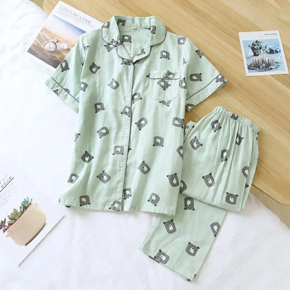 2025 Japanese style simple short women female 100% cotton gauze short sleeve trousers ladies pajamas suit cute pajamas sets home