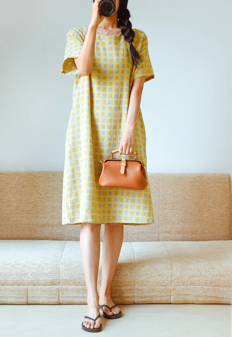 2025 New Summer Short Sleeve Sleeping Skirt 100% Cotton Yarn Weaving Jacquard Loose Pullover Mid length Plaid Skirt Home Dress