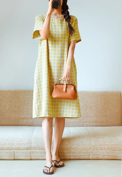 2025 New Summer Short Sleeve Sleeping Skirt 100% Cotton Yarn Weaving Jacquard Loose Pullover Mid length Plaid Skirt Home Dress