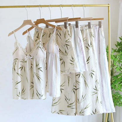 2025 Summer New Women's Pajama Set 100% Pure Cotton Crepe Sling+Shorts+Crop Pants Three piece Set with Chest Cushion Home Fury