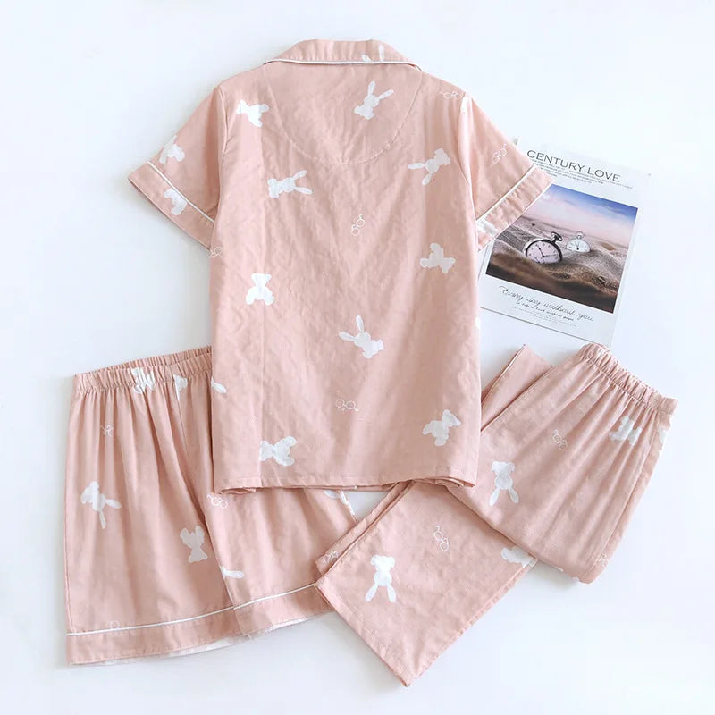 Summer new couple pajamas three-piece set short-sleeved + shorts + trousers 100% cotton gauze men's and women's home clothes